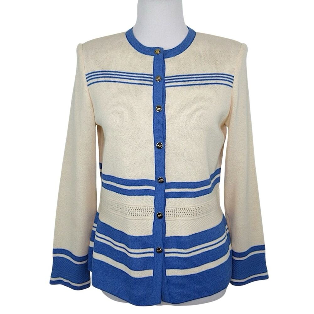 ST. JOHN Santana Knit Cream & Blue Striped Button Front Jacket Women's Size 4